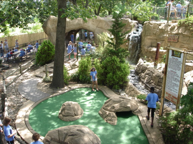 First hole with waterfall, tiki and torches