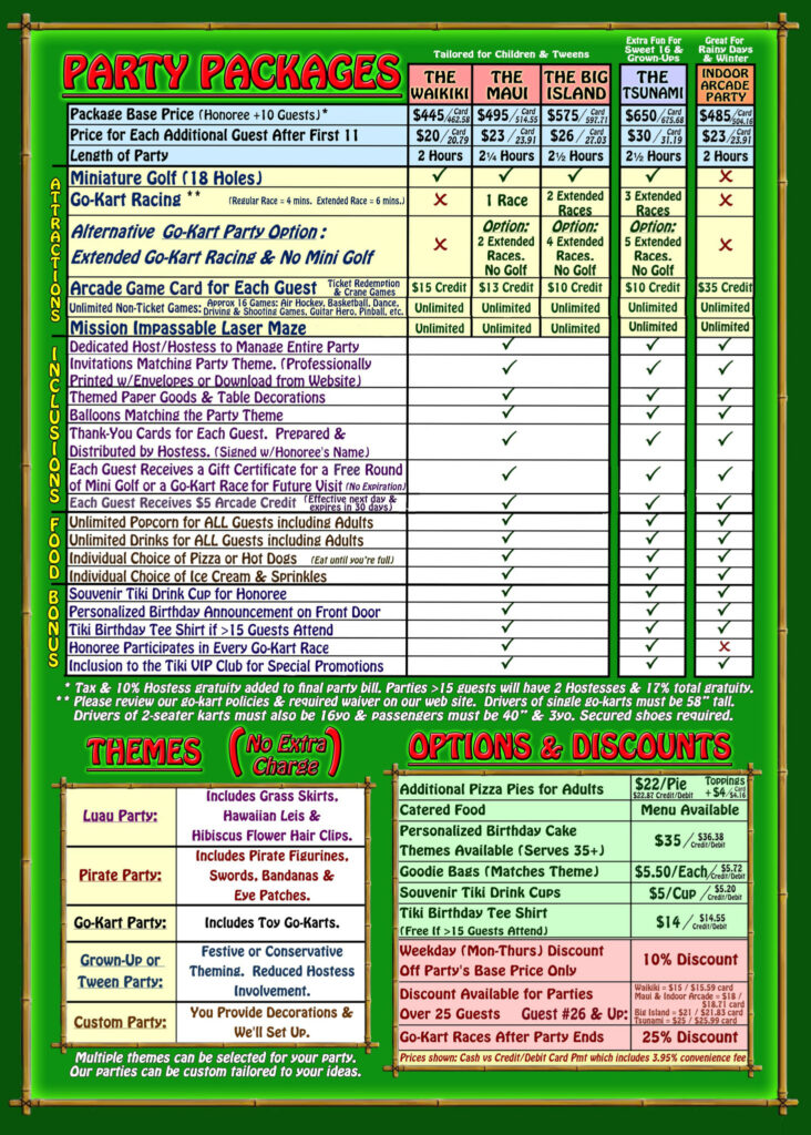 Tiki Action Park Price Sheet